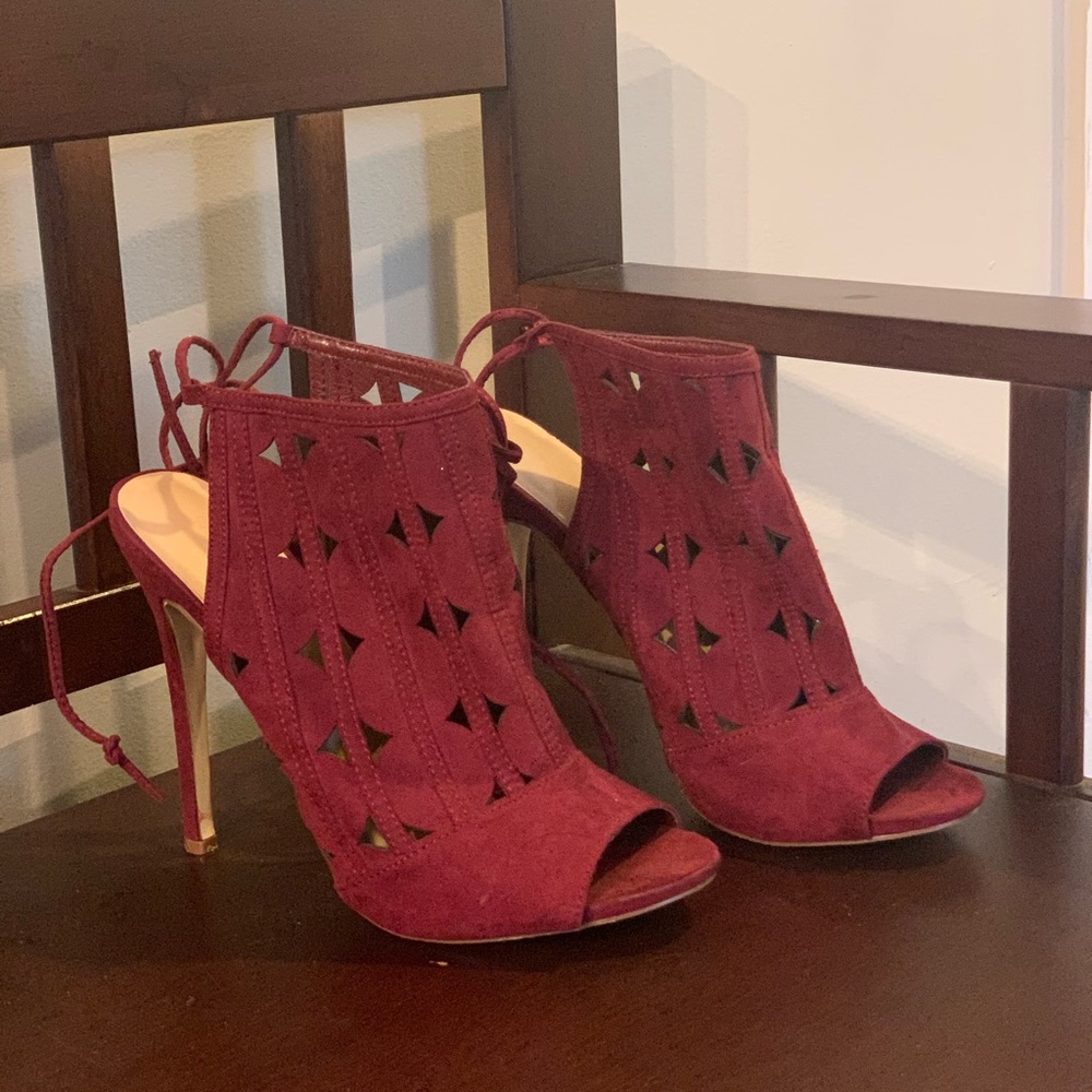 Burgundy Peeptoe Lace-up Slide in Heels